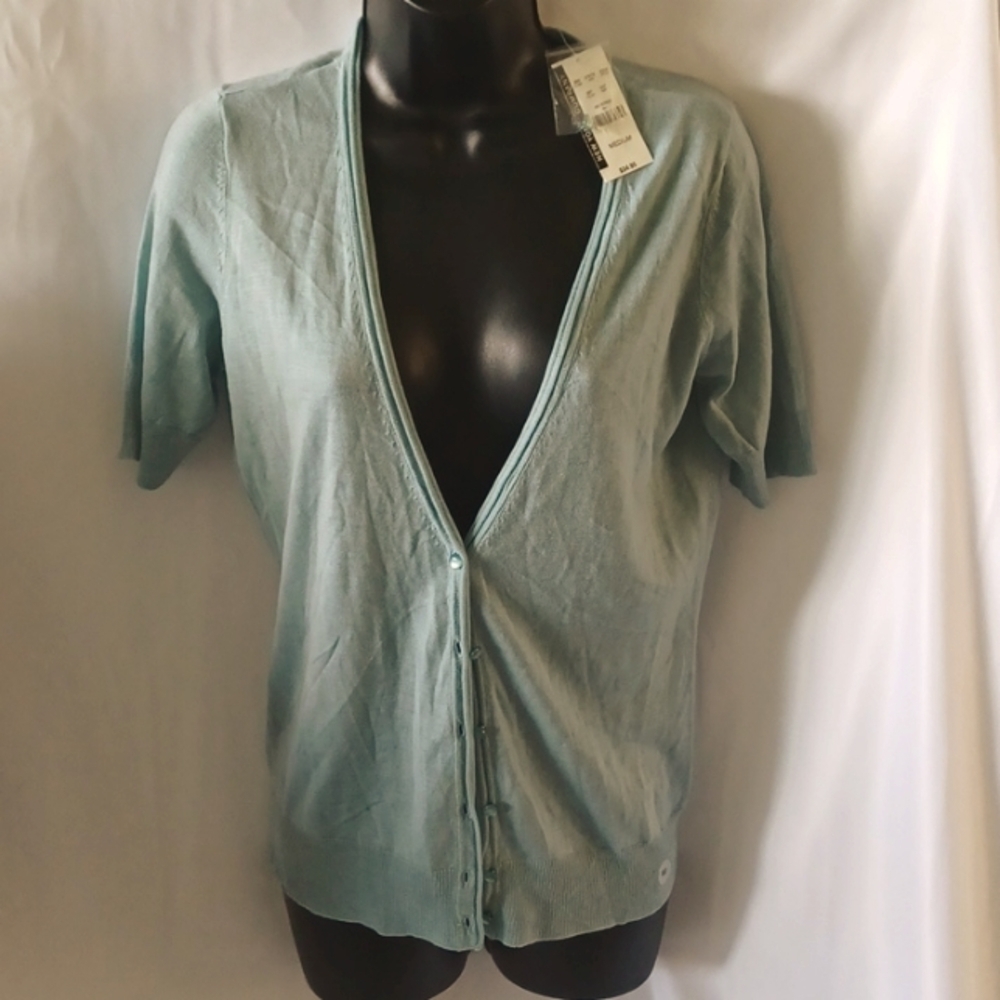 Sweater, short sleeve,  button front, v-neck, blue-green, NWT